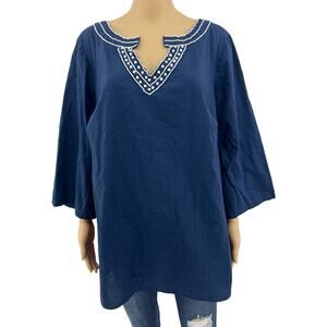 VTG 90s Carroll Reed 2X Navy Blue Beaded 3/4 Sleeve Blouse Coastal Granny Plus